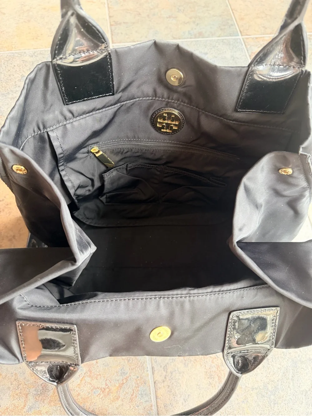 Tory Burch Black Nylon Ella Tote Bag with Patent Leather Logo